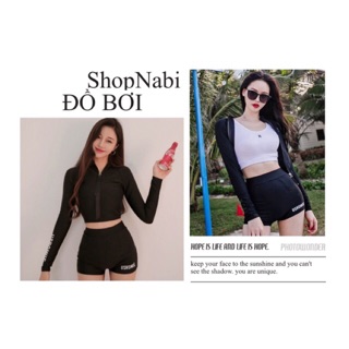 Bikini đồ bơi tay dài kín đáo hàng nhập đen chữ trắng