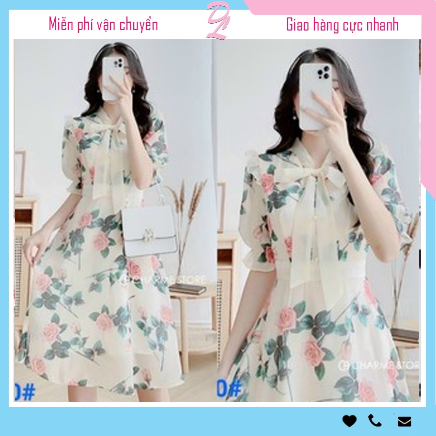Đầm nữ dáng xòe họa tiết hoa nơ ngực 2 lớp voan kiếng