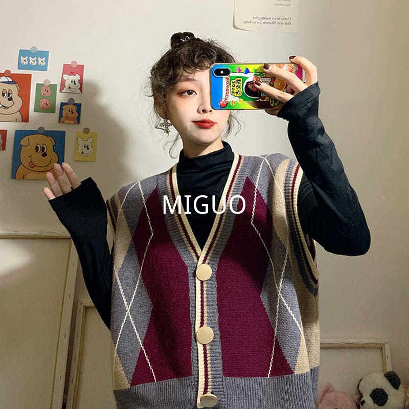 Áo Gile Len Dệt Kim Dáng Rộng Cổ Điển Phong Cách Hàn Quốc Cá Tính Cho Nữ