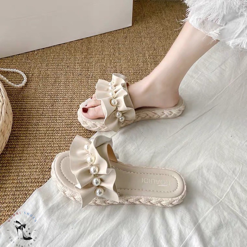 Dép quai ngang, đế bánh mì đính ngọc bánh bèo đế cao trống trơn trượt dành cho nữ