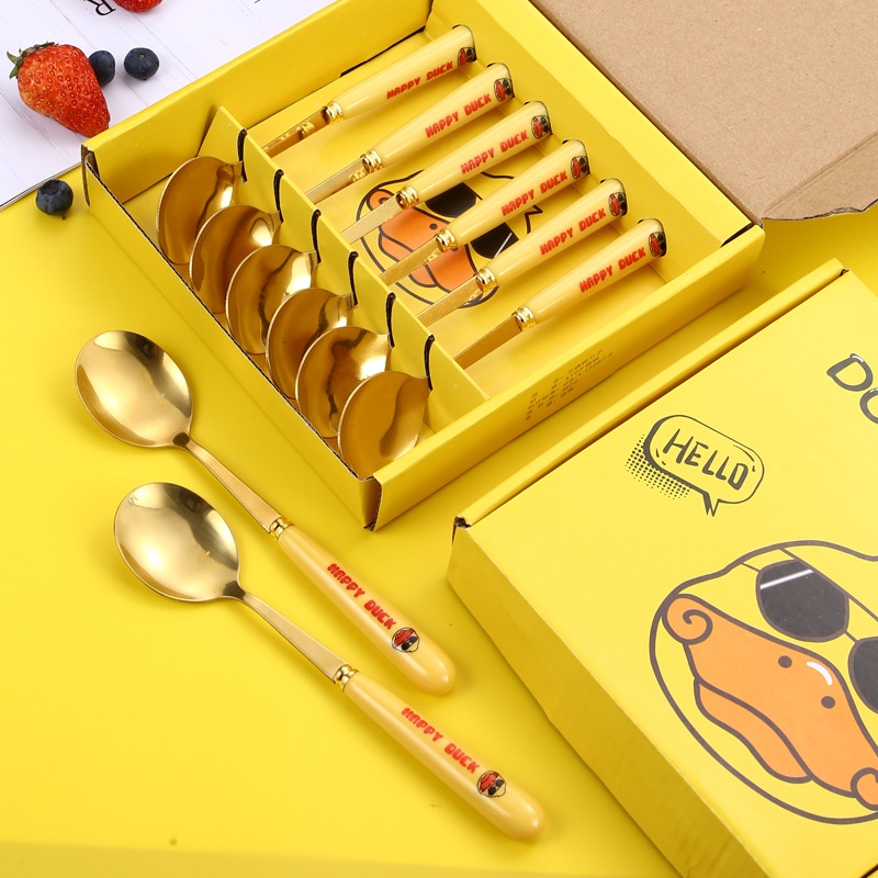 Thìa Inox Hình Vịt Vàng 🍀 6 Muỗng Thép Không Gỉ Duck Starbucks