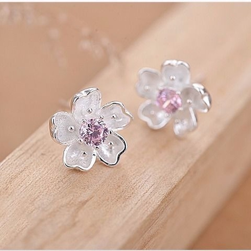 Bộ Dây Chuyền + Bông Tai Hình Hoa Anh Đào Màu Bạc Đính Đá Zircon Thời Trang Cho Nữ