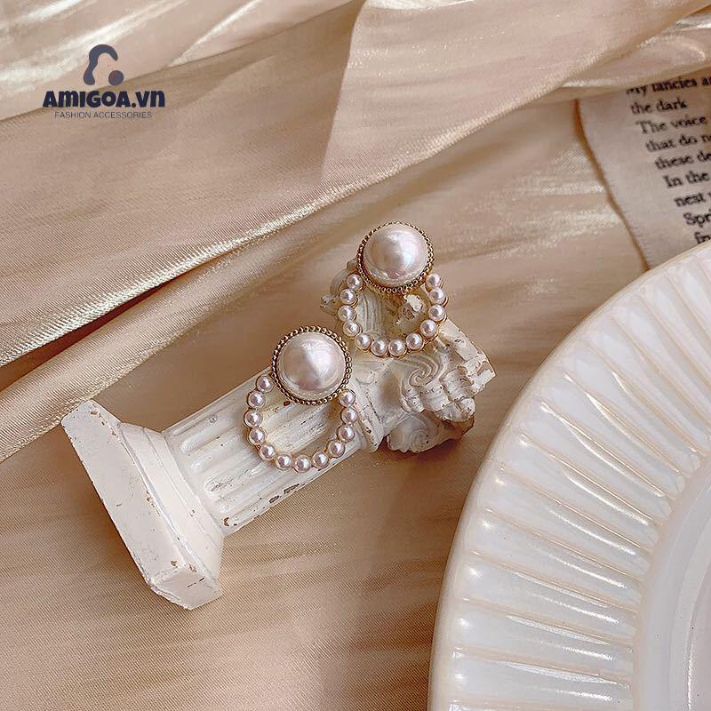 Bông Tai Hình Tròn Đính Ngọc Trai Đơn Giản Thanh Lịch