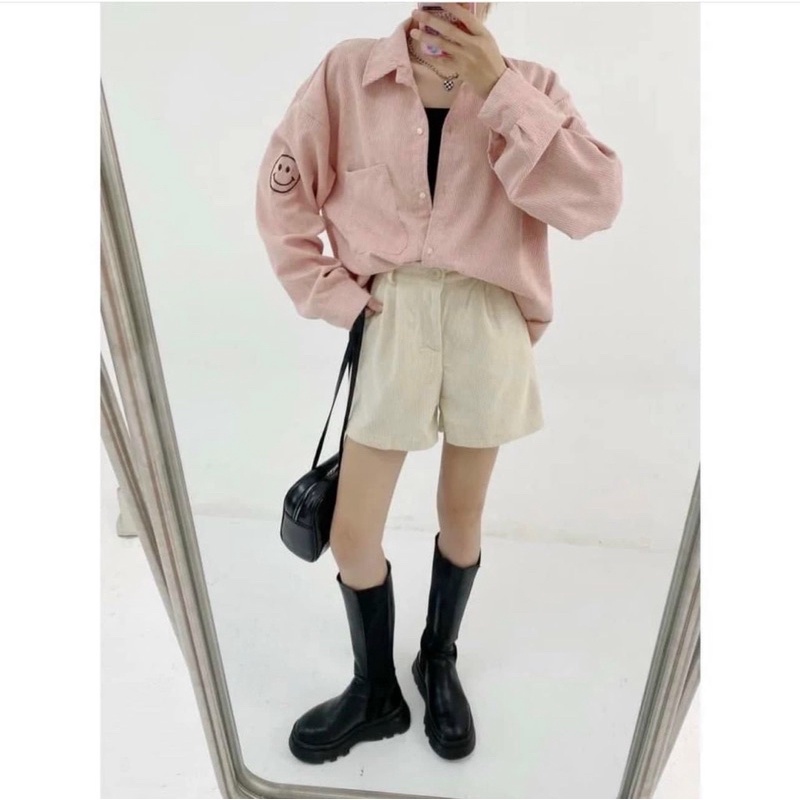 ÁO SƠ MI NHUNG TĂM THÊU MẶT CƯỜI,FREESIZE &lt;65kg