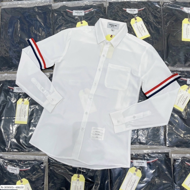 Sơ Mi Trắng Nam Dài Tay Thom Thêu Sọc Kẻ Logo Hai Tay SM02P