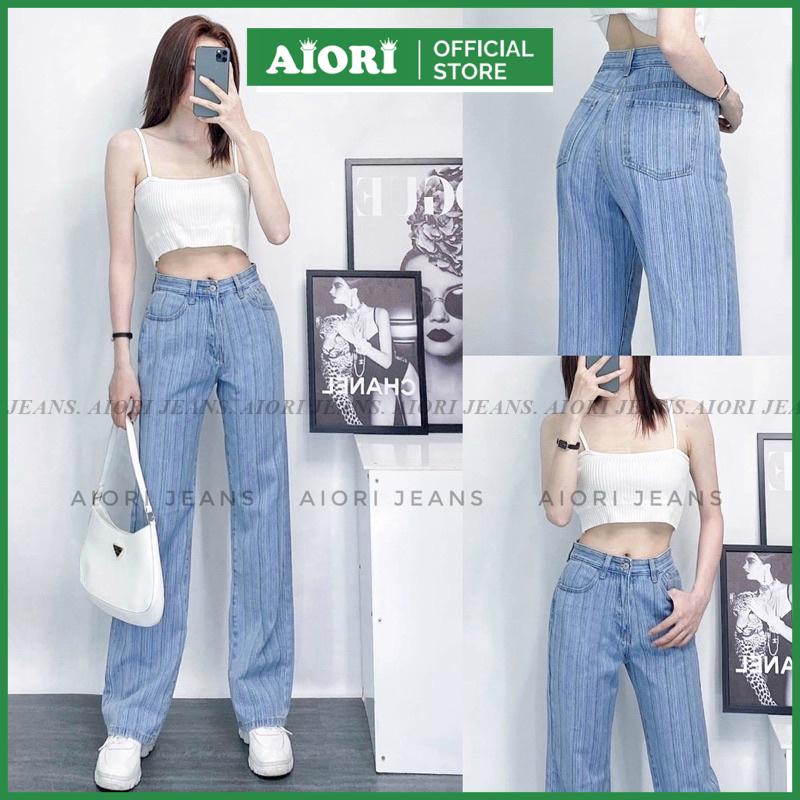 [Cao Cấp - Dài 105 cm] Quần Jean Nữ Ống Rộng Cao Cấp Kẻ Sọc Dọc Thời Trang Hàn Quốc Aiori Jeans_Mã S325