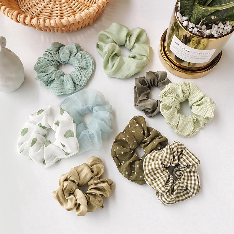 [Mã FASHIONCB232 hoàn tối đa 15K xu đơn 50K] COD CHDM Korea Fashion Plaid Gauze Green Hair Rope Headband Hair Scrunchies