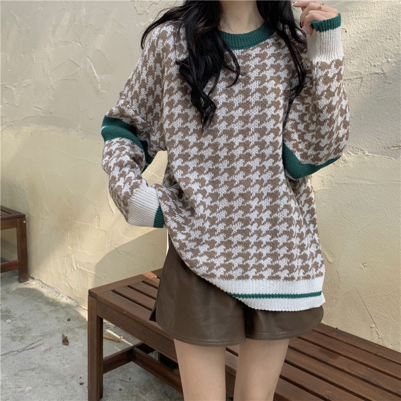 Áo len cổ tròn nữ dài tay dễ thương màu be nâu kiểu form vừa họa tiết zikzac ladyquangchau AL40