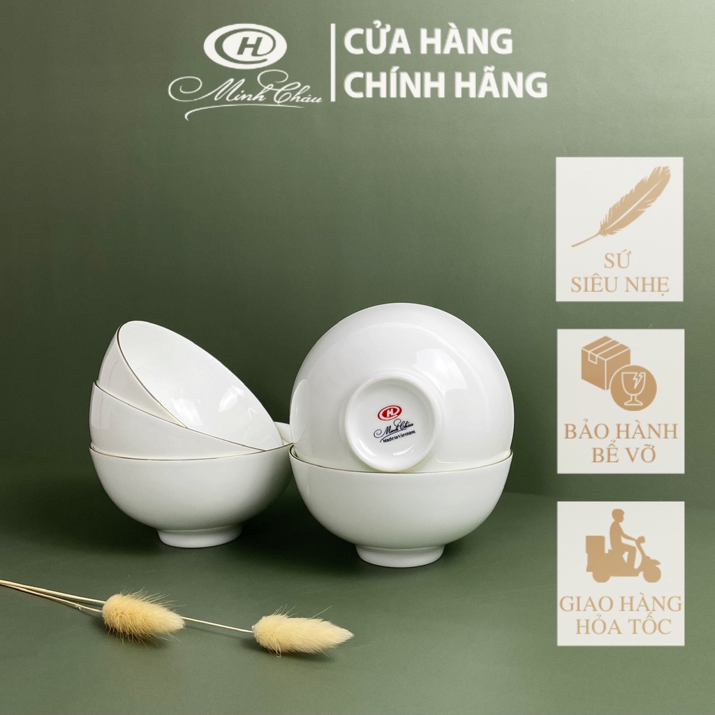 [Sứ Siêu Nhẹ] Bộ Bát Cơm Sứ Xương Viền Vàng - C02 - Sứ Minh Châu