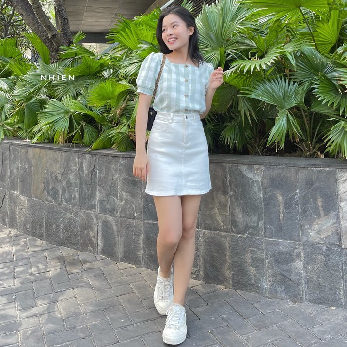 Áo sơ mi caro cổ vuông Nhien vintage  tay ngắn kiểu nữ công sở AA658