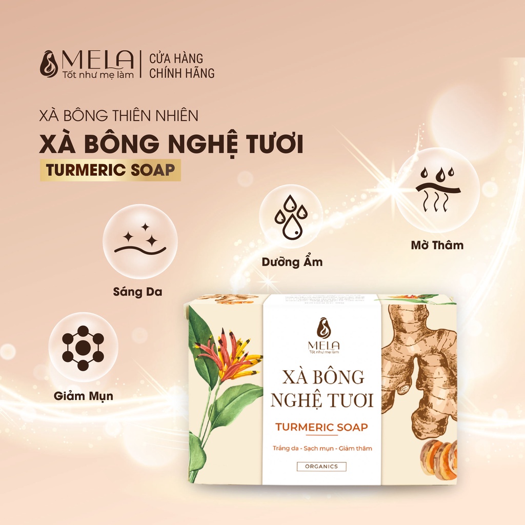 Xà bông nghệ MELA chính hãng, xà phòng nghệ tươi comnbo 2 bánh tặng 1 túi tạo bọt