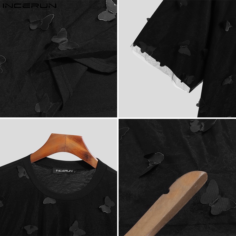 Áo thun INCERUN tay ngắn giả hai lớp màu trơn họa tiết bướm dành cho nam giới