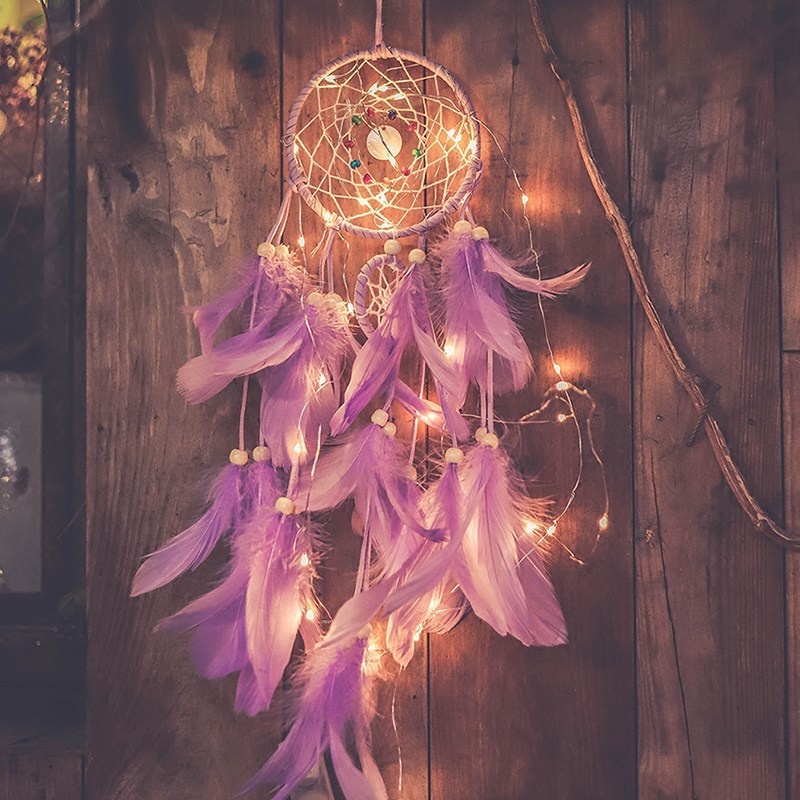Dreamcatcher Đính Lông Vũ Có Đèn Led Màu Pastel/ Trắng/ Xanh/ Tím/ Hồng Treo Tường Trang Trí Phòng Ngủ Tặng Kèm Móc Dán