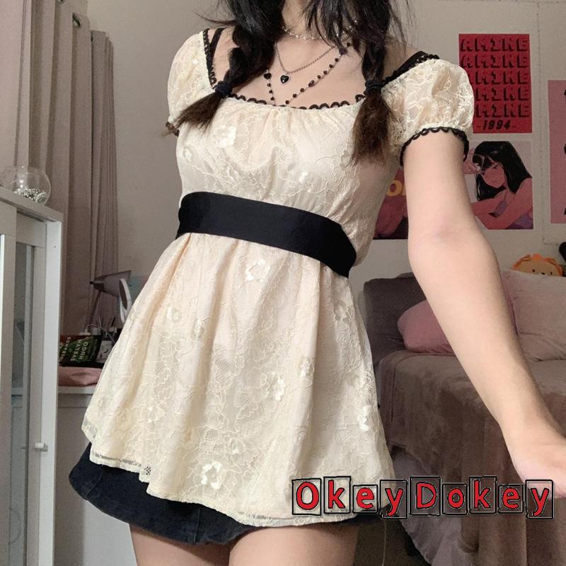 Đầm Dáng Chữ A Tay Ngắn Phối Ren Phong Cách Cổ Điển Thời Trang Đường Phố Cho Nữ