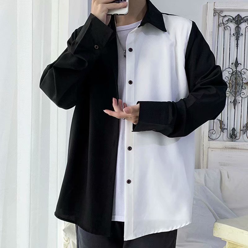 Áo sơ mi tay dài phối màu trắng đen phong cách Hàn Quốc dành cho nam