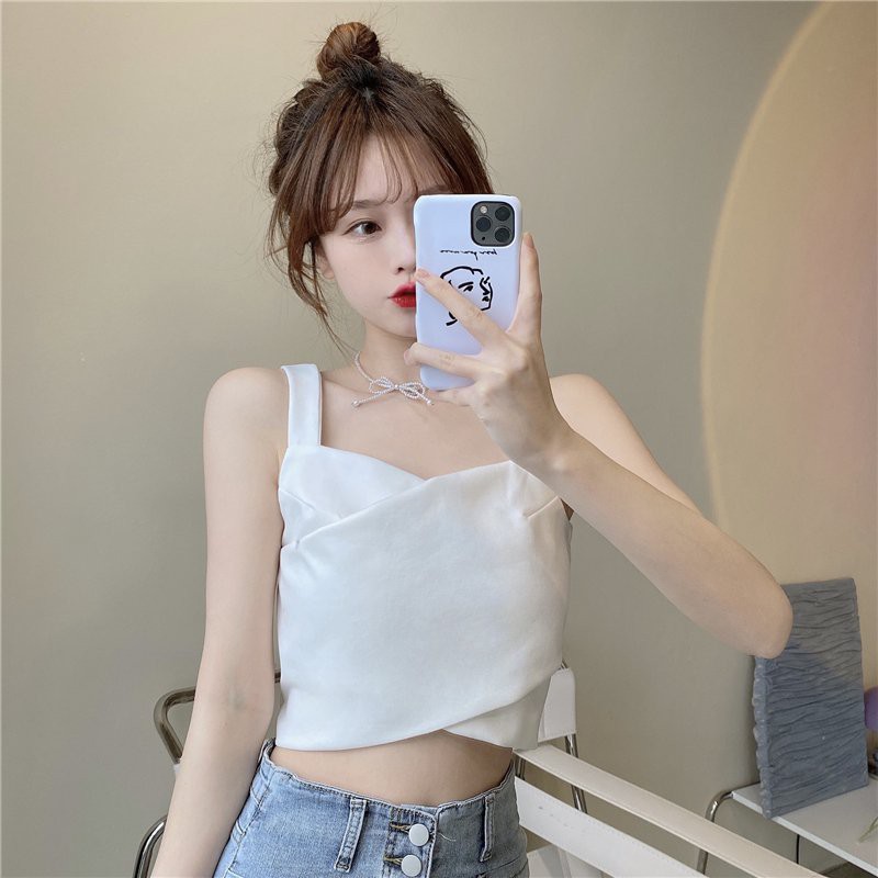 Áo croptop hai dây bản to khóa kéo sau