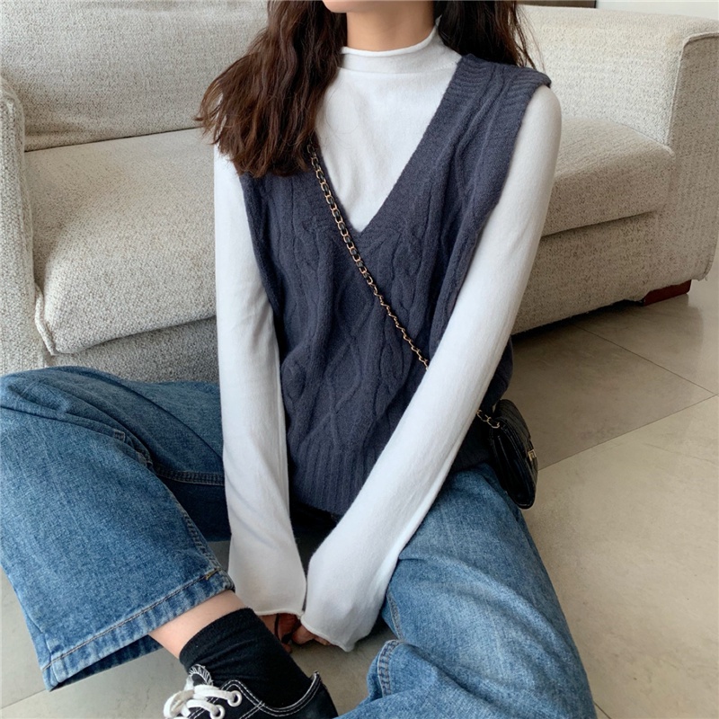 SUXI Áo Không Tay Cổ Chữ V Màu Sắc Đơn Giản Thời Trang Thu Đông Phong Cách Hàn Quốc