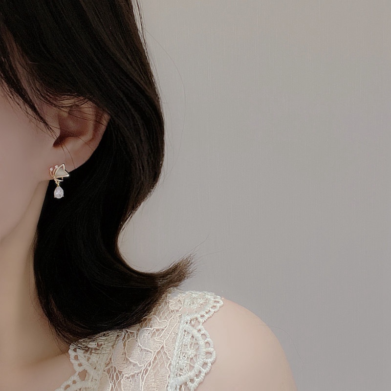 Bông Tai Mạ Bạc 925 Hình Giọt Nước/Bướm Đính Đá Đơn Giản Thời Trang Hàn Quốc