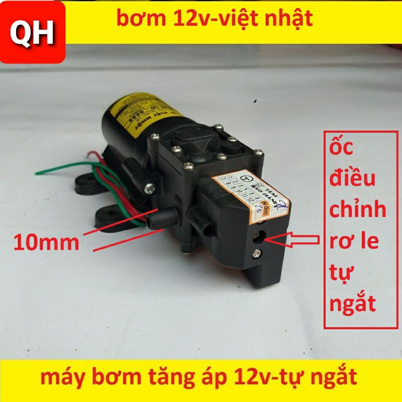 máy bơm nước mini 12v áp lực cao - (bơm tăng áp Việt nhật 12v + chuyển ống 8mm)