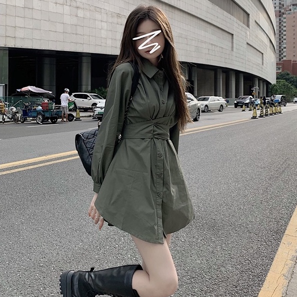 ĐẦM SƠ MI / ĐẦM BẦU /  ÁO SƠ MI FORM RỘNG DÁNG DÀI NỮ MÀU RÊU GIẤU QUẦN QUẤN EO THẮT NƠ COTI OFFICIAL