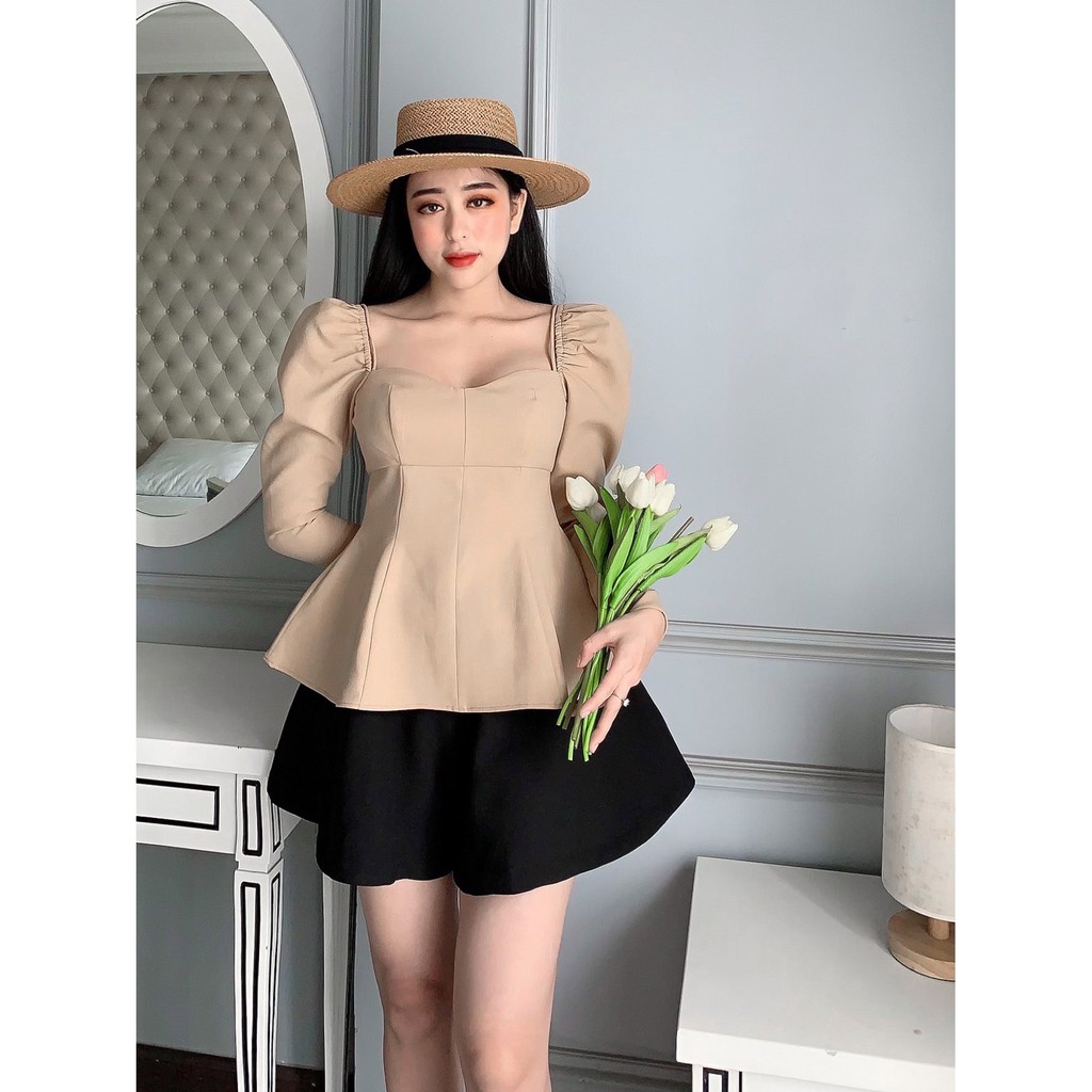 RECHIC Áo Ravi Màu Be cổ vuông kiểu dây tay phồng xinh xắn sang trọng dễ thương