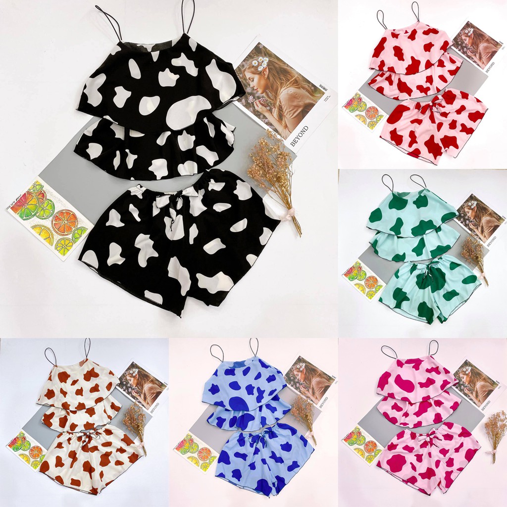 Bộ đồ ngủ 2 dây lụa 2 tầng, hàng thiết kế Choo Shop CS01-L1-1-7, Bò sữa nhiều màu, Free size (40-65Kg)
