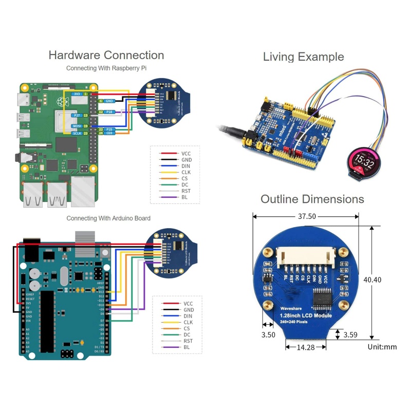 Mô Đun Màn Hình Tròn LCD 1.28 &quot;65K RGB 240X240 Pixels SPI GC9A01 Cho Raspberry Pi / Jetson Na