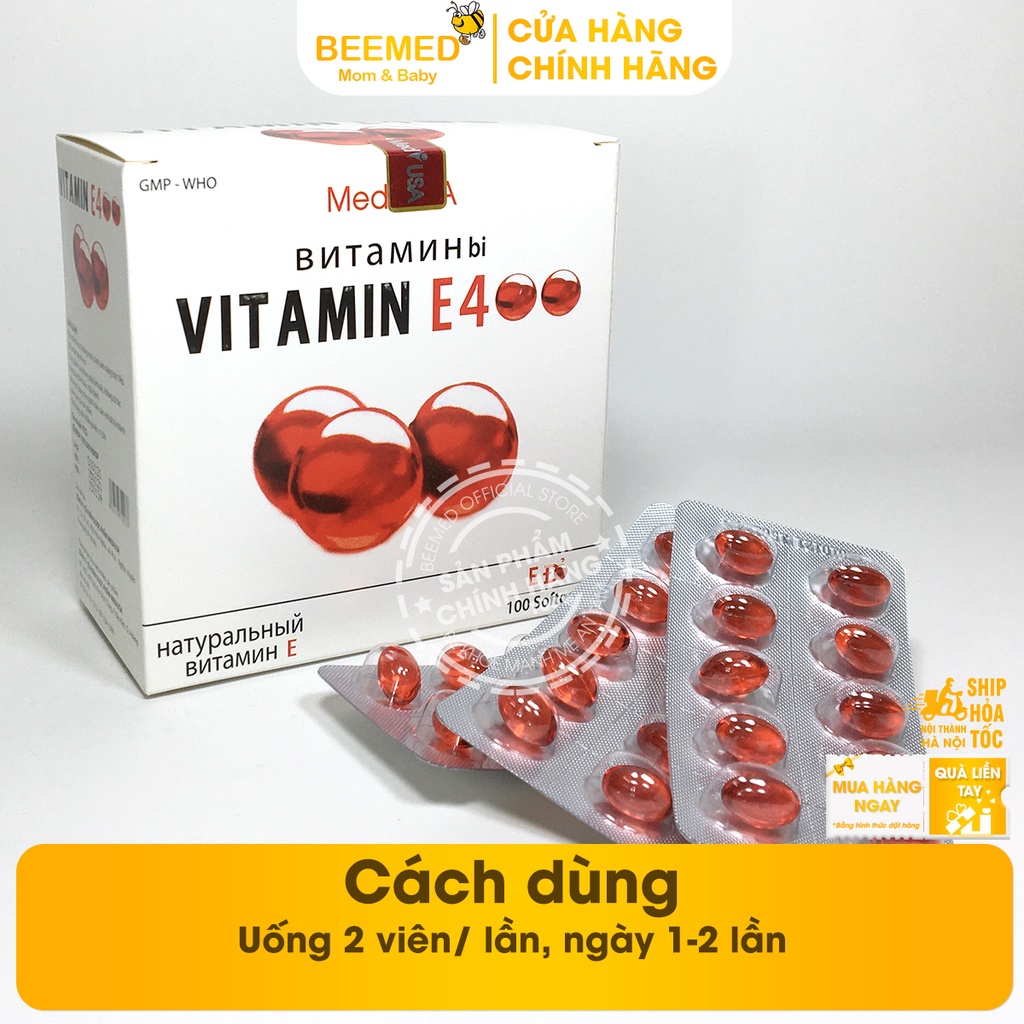 Bổ sung Vitamin E đỏ 400 IU, ngăn ngừa lão hóa, hỗ trợ làm đẹp da, có thêm lô hội, tương tự E đỏ Nga Hộp 100 viên