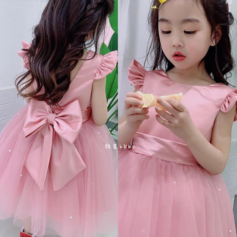 Đầm bé gái dáng xòe nơ lưng phi lụa mix ren mềm đính ngọc - Shop Mẹ Nấm