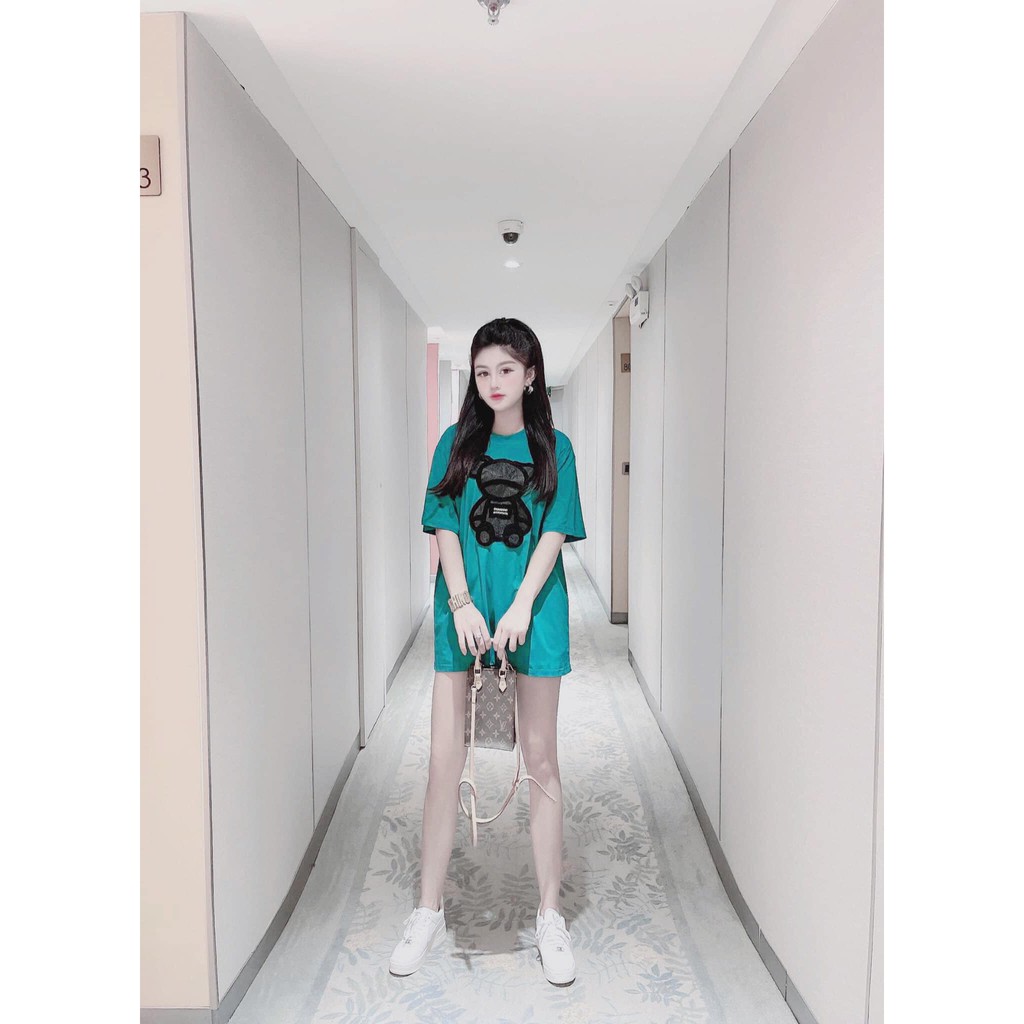 Áo phông XANH thêu gấu đen nổi (kèm ảnh thật,video)