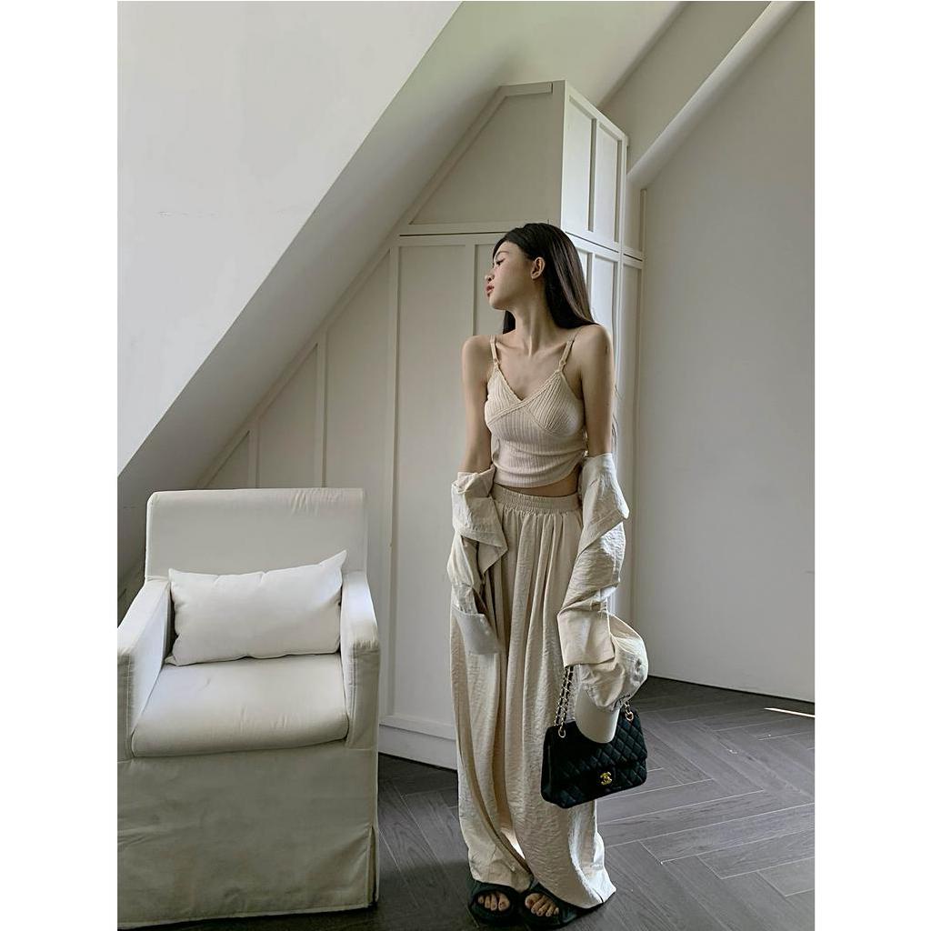 Set Áo Sơ Mi Tay Dài Phối Quần Dài Ống Rộng Thời Trang Trẻ Trung