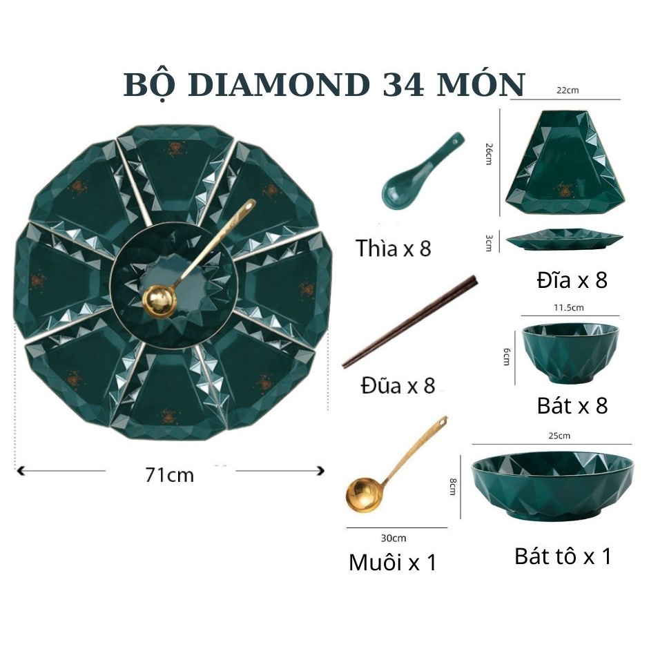 Bộ bát đĩa diamond 8 ☘𝘾𝘼𝙊 𝘾𝘼̂́𝙋☘ Bộ bát đĩa sứ kim cương 34 món xanh cổ vịt phong cách Bắc Âu