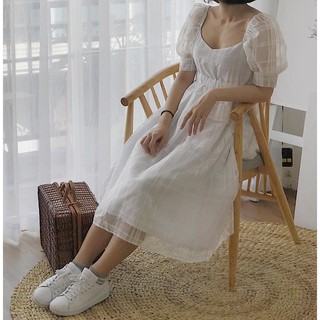 Đầm tay phồng kẻ sọc midi