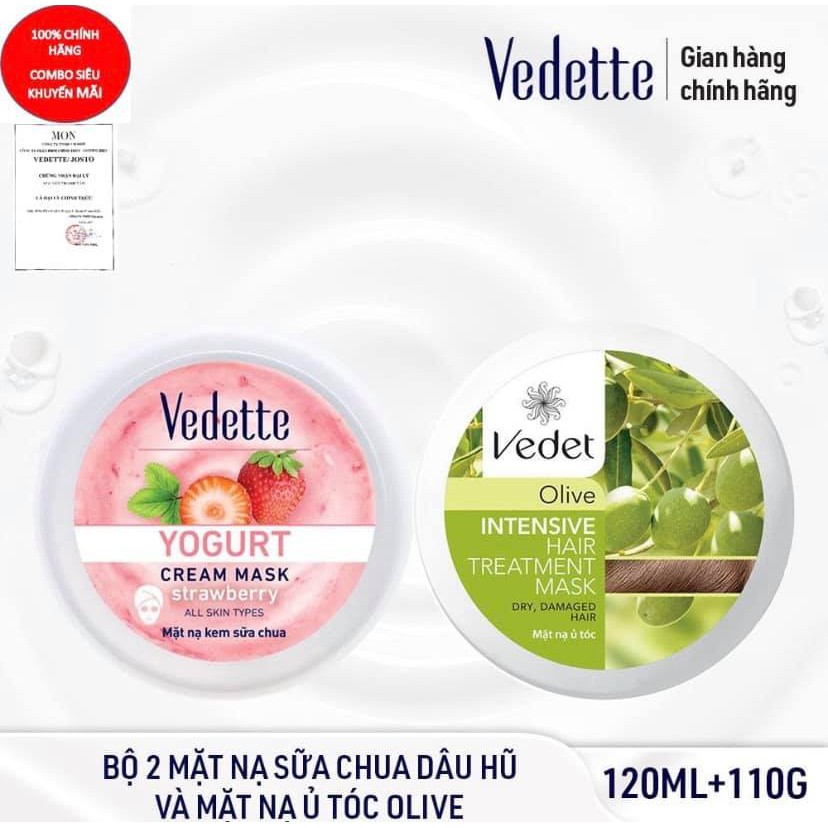 Bộ mặt nạ chăm sóc da và tóc toàn diện Vedette *SỮA CHUA DÂU 120ML VÀ Ủ TÓC OLIVE 110G*