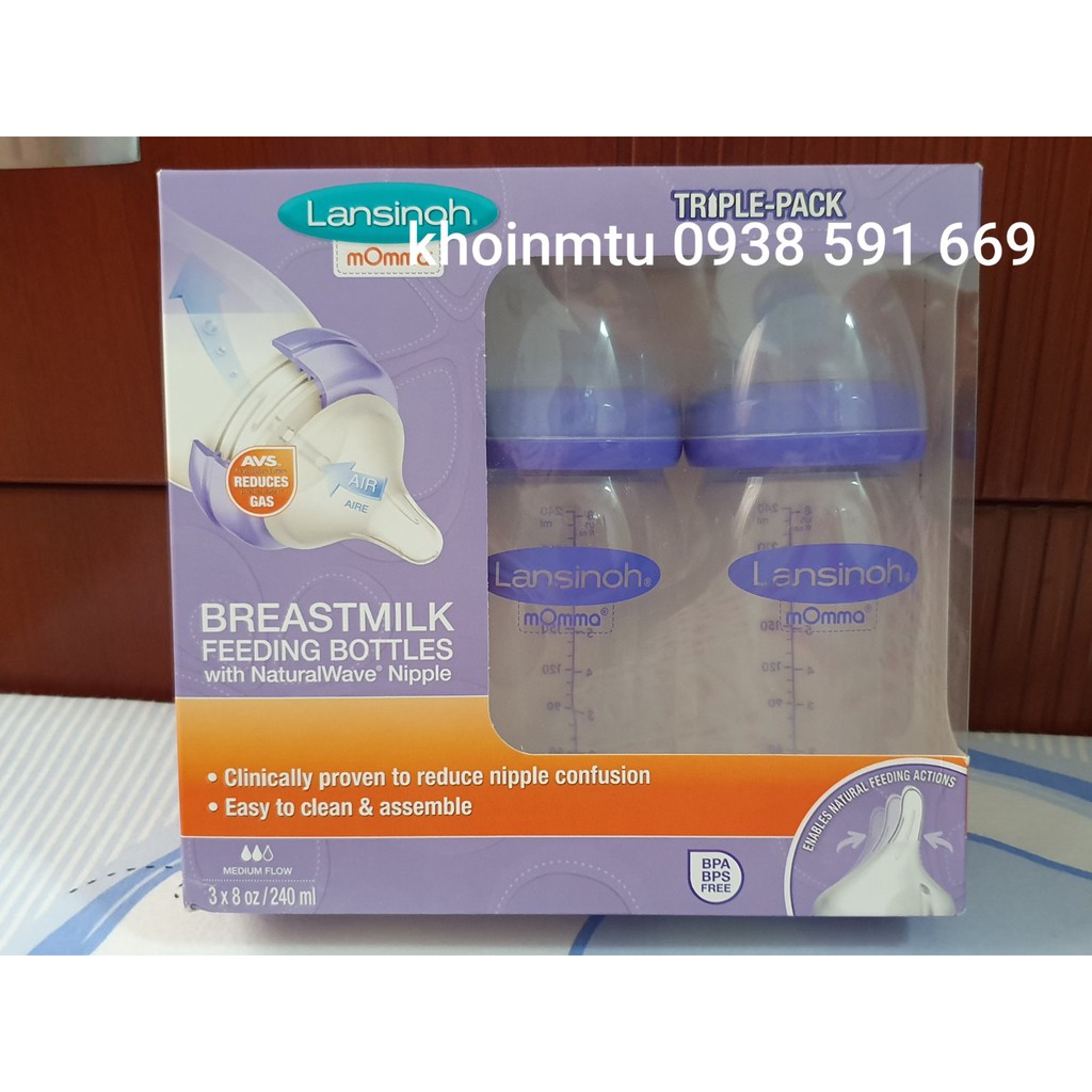 Bình sữa Lansinoh Momma 160ml / 240ml (đi với ti size S, size M và size L) nhựa PP, BPA free chính hãng