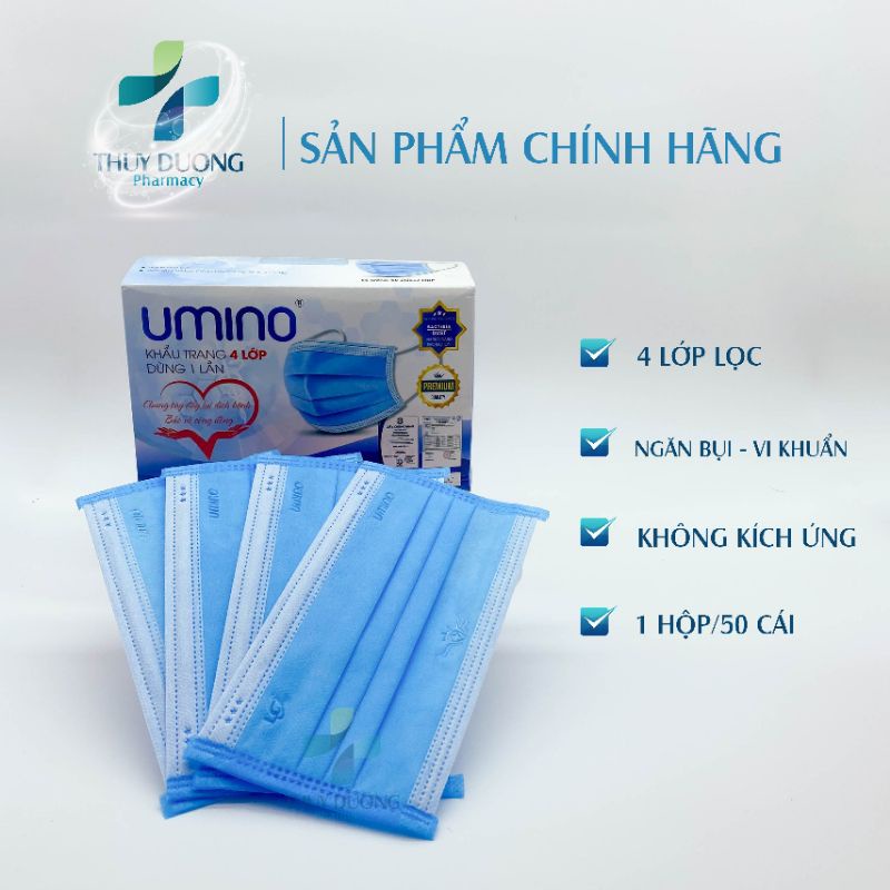 (Umino Long Châu) Khẩu trang y tế 4 lớp hiệu Umino hộp 50 chiếc màu xanh