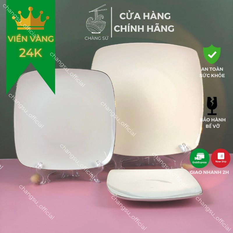 Đĩa vuông viền vàng thật 12k sứ Minh Châu sang trọng 18 21 25cm