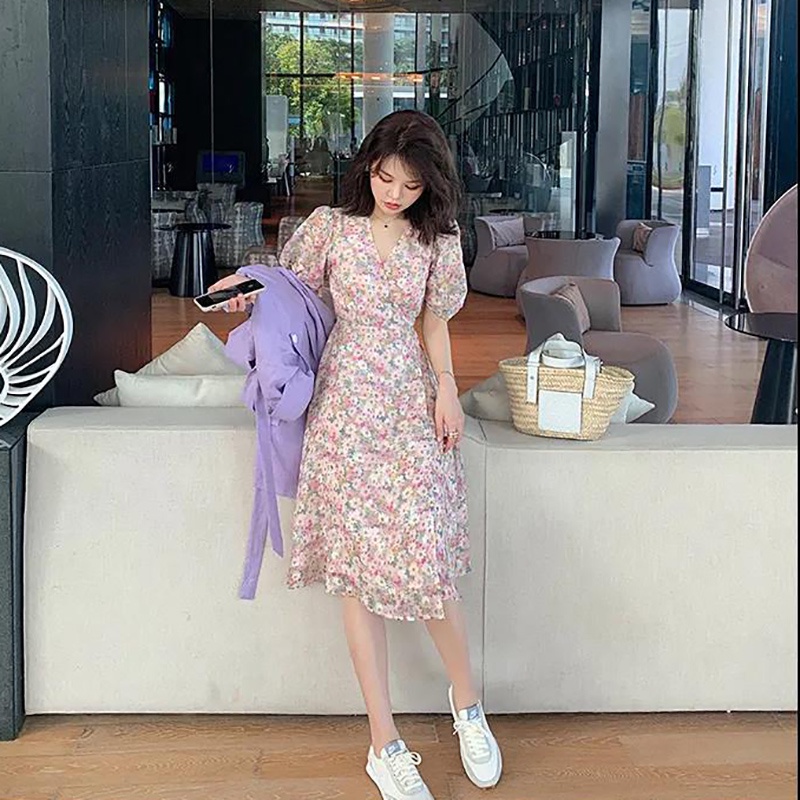 IELGY Đầm chiffon Dài Cổ Chữ V In Họa Tiết Tranh Sơn Dầu Phong Cách Hàn Quốc Thời Trang Mùa Hè Mới Cho Học Sinh