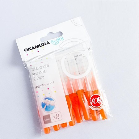 Bàn chải kẽ răng Okamura dạng chữ I gói 8 chiếc- Nhật Bản(màu cam)