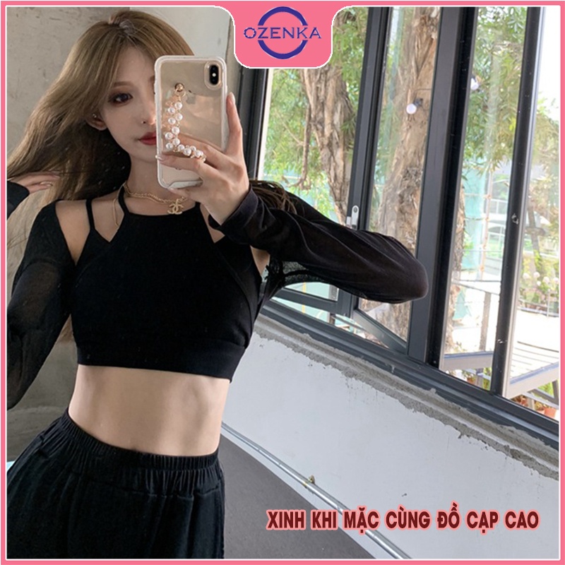 Áo croptop ôm thun 4 dây nữ OZENKA 2 lớp chất vải thun gân đẹp 100% cotton cao cấp màu đen trắng freesize dưới 50 cân