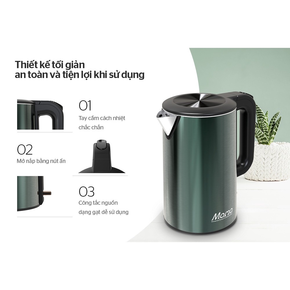 Ấm siêu tốc 3 lớp Sunhouse Mama SHD1389, Công suất 1850W, Dung tích 1.8 Lít, Chất liệu Inox 304, Bảo hành 24 tháng
