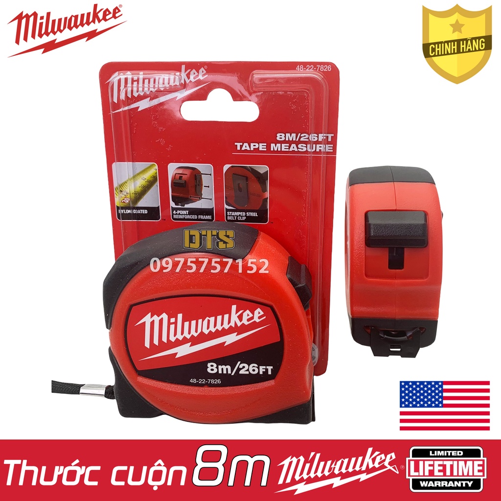 Thước kéo 8m cao cấp Milwaukee Mỹ siêu bền, thước cuộn thép nền trắng công nghiệp độ chính xác tuyệt đối, chống va đập