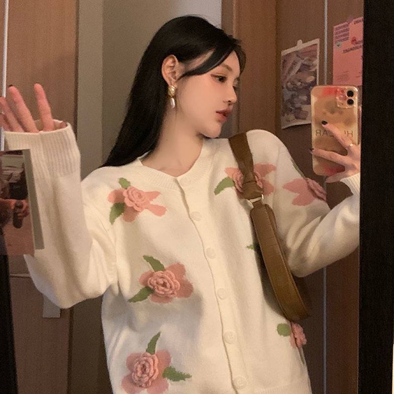 Áo Khoác Cardigan Dệt Kim Họa Tiết Hoa Màu Sắc Tương Phản Cho Nữ  tao bao