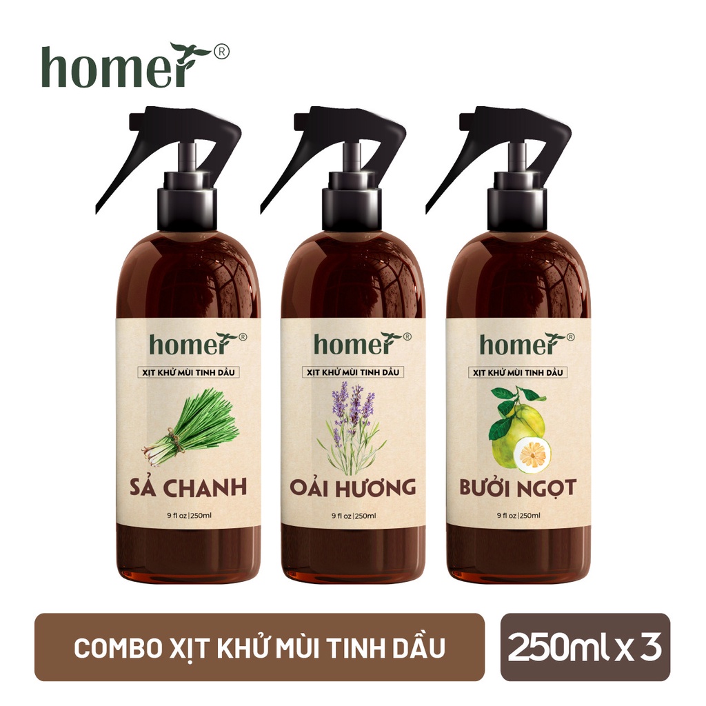 Combo 3 xịt khử mùi thơm phòng thơm phòng Sả Chanh + Oải Hương + Bưởi Ngọt Homer 100ml/ chai