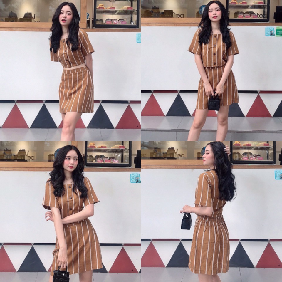 Mommo set - set chân váy và Áo croptop chất vải linen lưng phối chun co giãn có khoá kéo - set đồ kẻ sọc có lót quần
