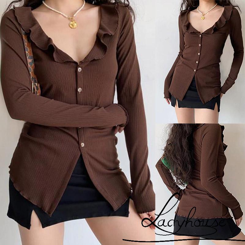 Áo Kiểu Cổ Chữ V Tay Dài Cài Khuy Màu Nâu Trơn Thời Trang Dành Cho Nữ