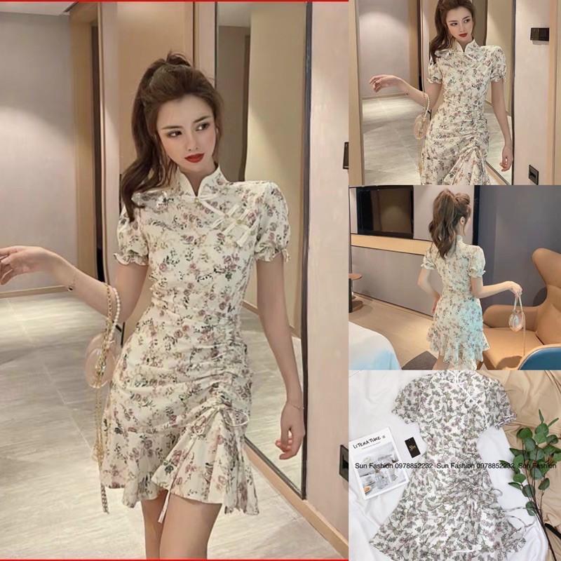 Đầm cổ tàu rút dây hông hoạ tiết hoa nhí mặc tết