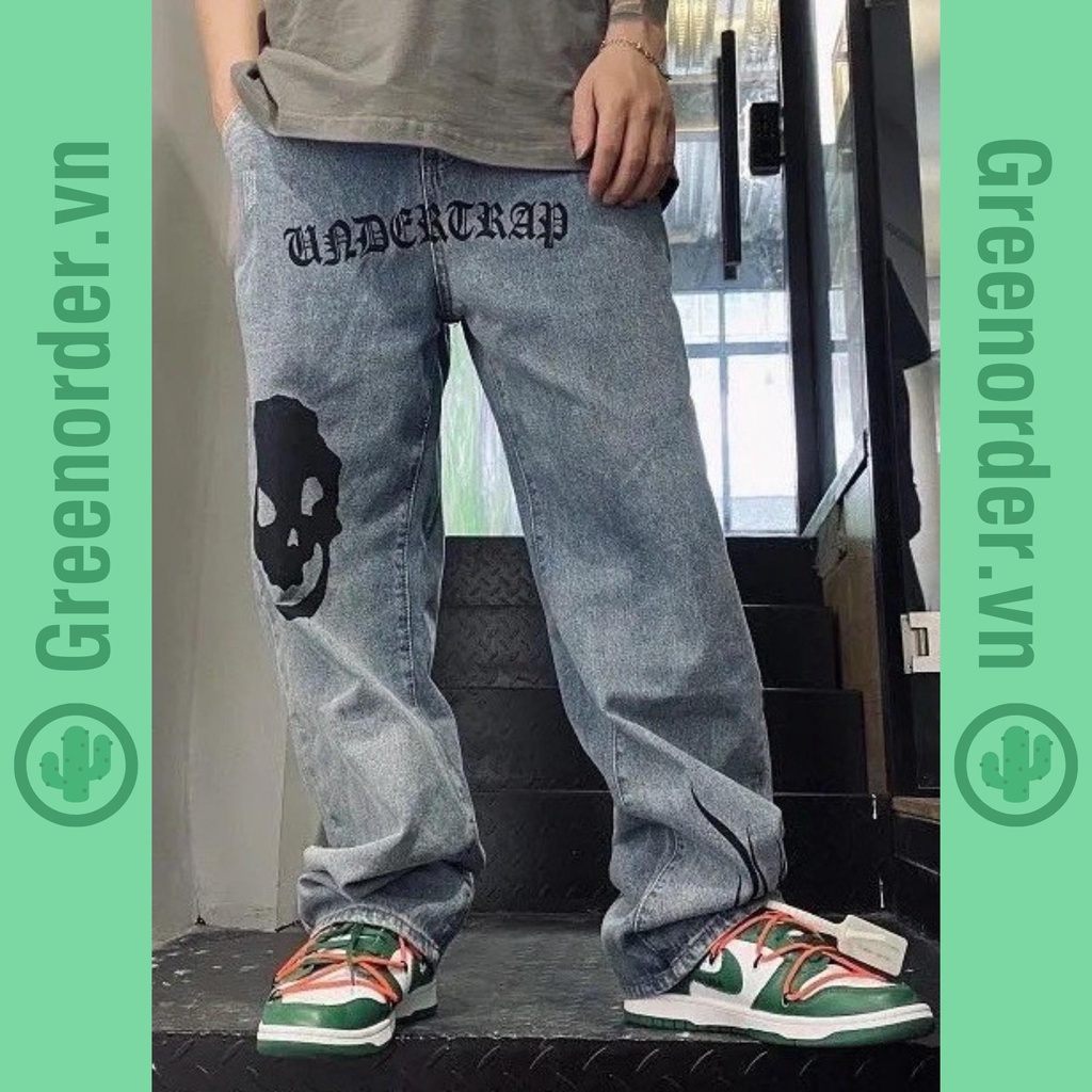 Quần jean ống rộng unisex hình in đầu lâu lửa phong cách hiphop