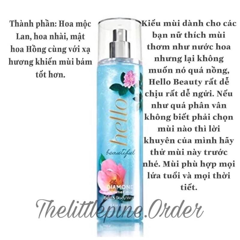 Body mist ánh nhũ Bath and Body Works Hello Beautiful