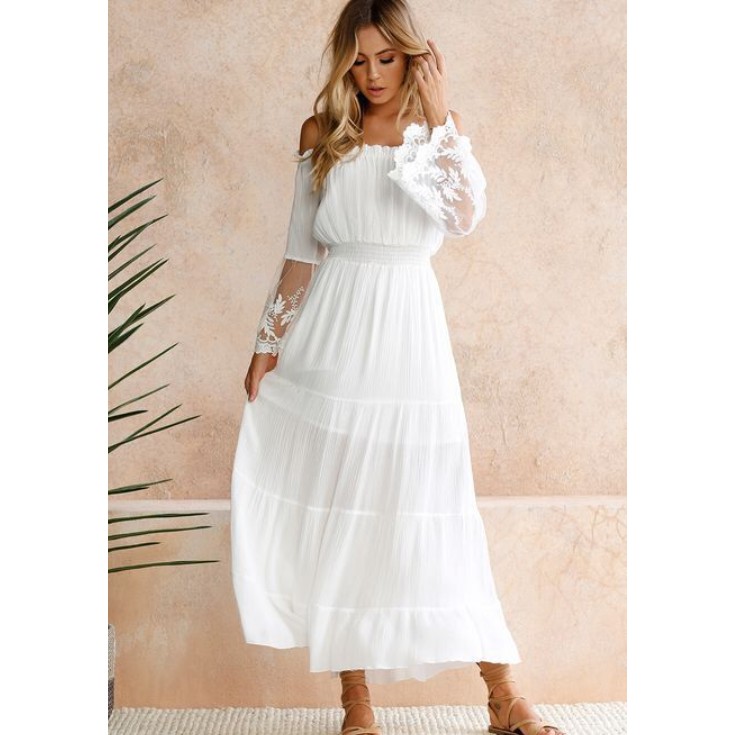 Váy trắng dài ren tay giá gốc 355k sale shock chỉ còn 99k, váy ren tay điệu đà phù hợp cho các bữa tiệc, hẹn hò
